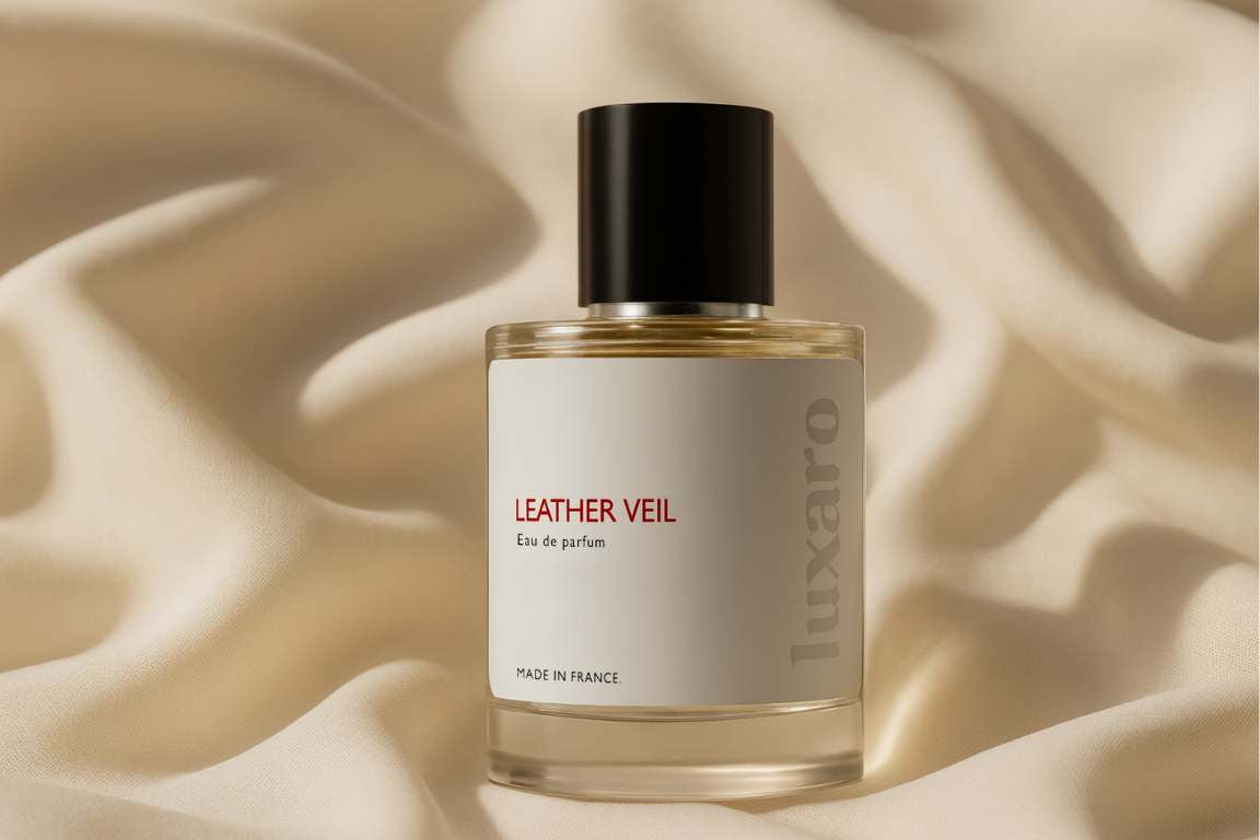 Perfume bottle labeled 'Leather Veil' by Luxaro on a beige silk background inspired by Ombre Leather Dupe Perfume