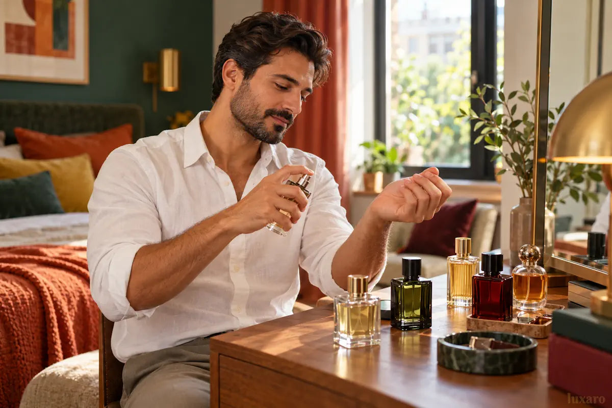 Man applying fragrance beside several perfume bottles for the Luxaro perfumes guide to the best dupe perfumes for men.