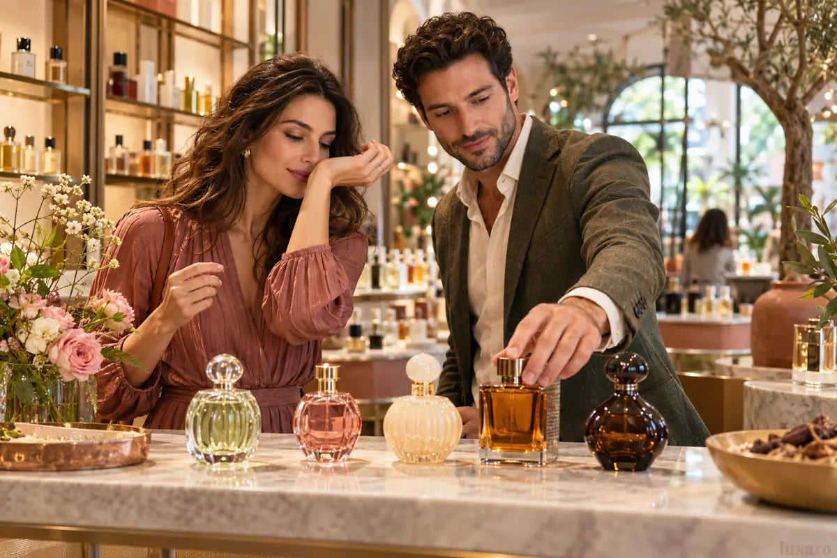 Woman and man exploring five fragrances for a Luxaro perfumes guide to perfumes made in France.