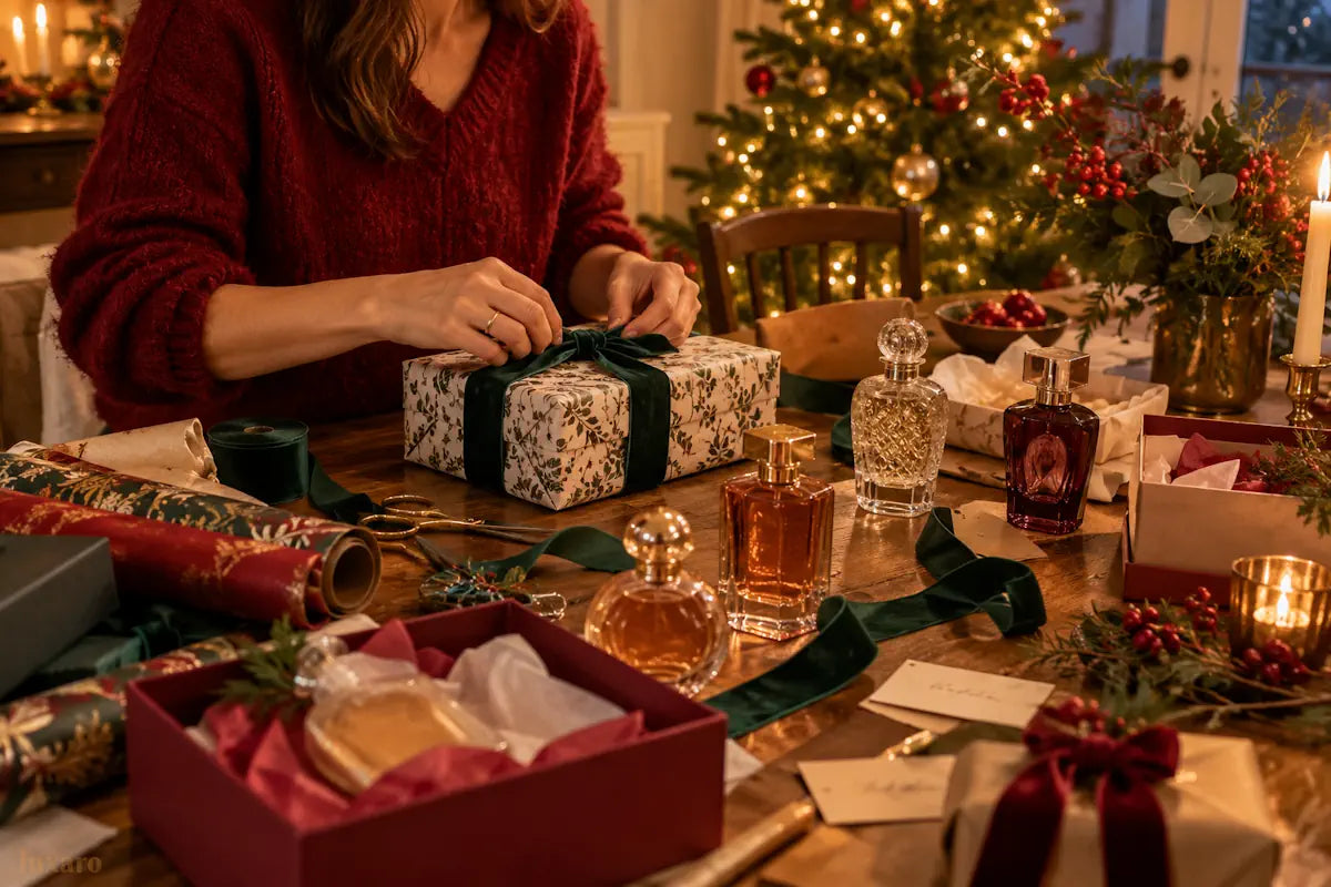 Person wrapping Christmas fragrance gifts for a Luxaro perfumes guide to affordable designer-inspired perfumes.