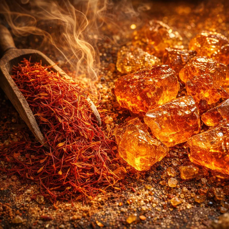 Saffron and amber designer inspired perfume collection with warm spicy and woody scent profile