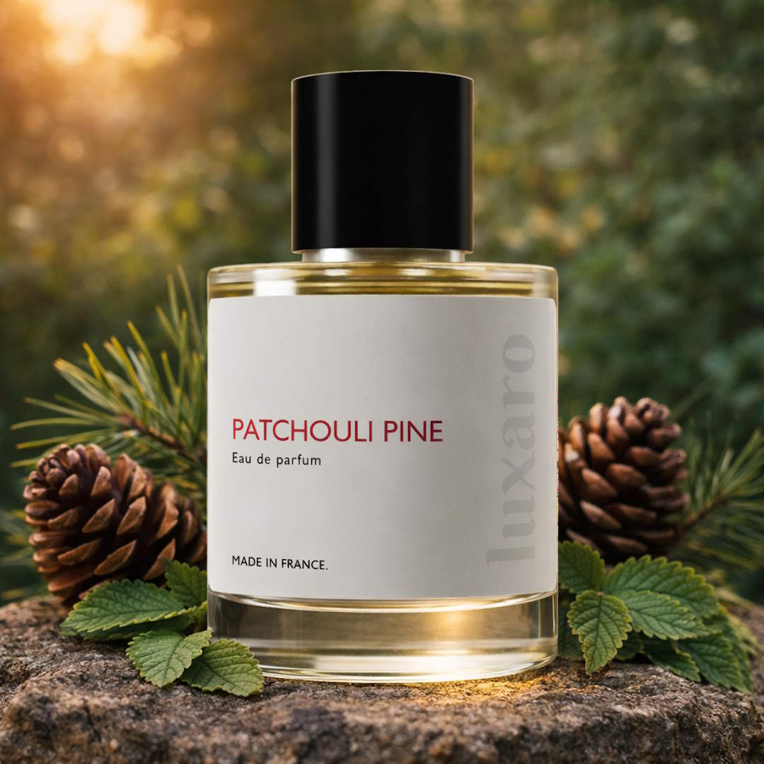 Inspired by Aventus, Patchouli Pine eau de parfum bottle with natural elements on a blurred green background