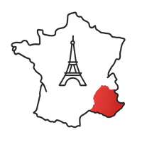 Map of France with the Eiffel Tower and Burgundy region highlighted in red on a green background