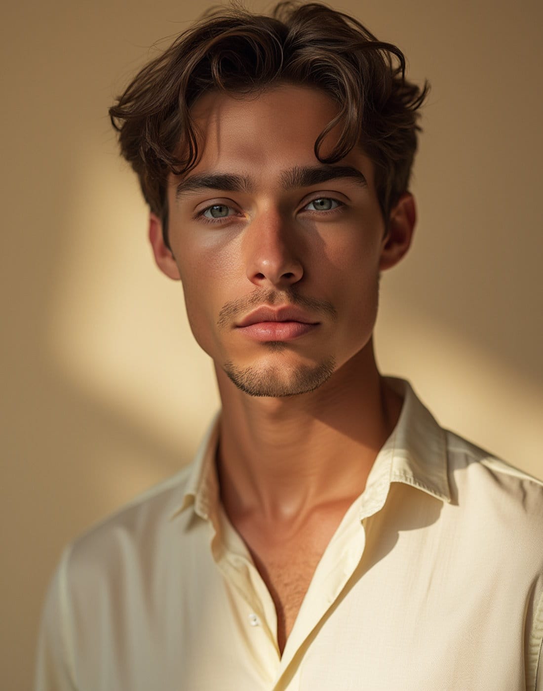 Man wearing a light-colored shirt against a beige background