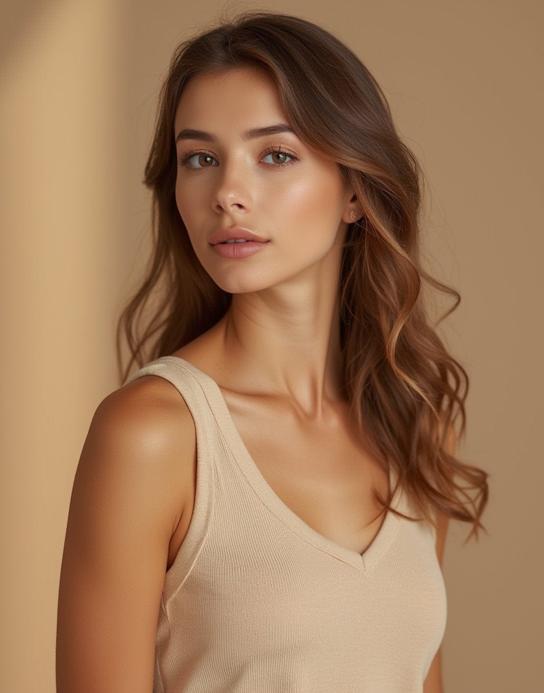 Woman wearing a beige sleeveless top against a beige background