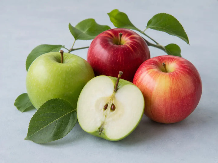 Fresh green and red apples, one sliced in half, with leaves on a light sky grey background