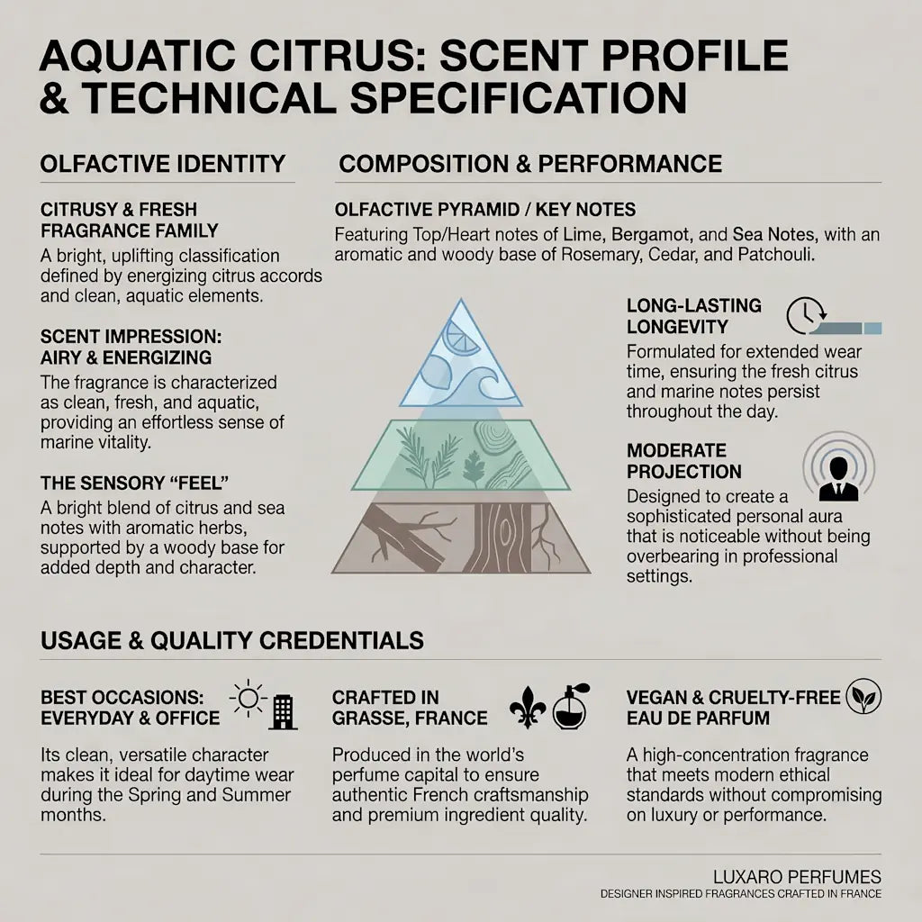 Aquatic Citrus Acqua di Geo dupe perfume by Luxaro, made in France fragrance infographic showing scent profile, key notes, performance and fragrance family