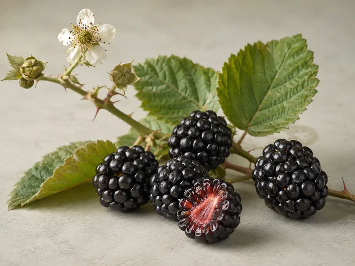 Ripe blackberries with green leaves, thorny stems and a pale flower on a sage-grey background