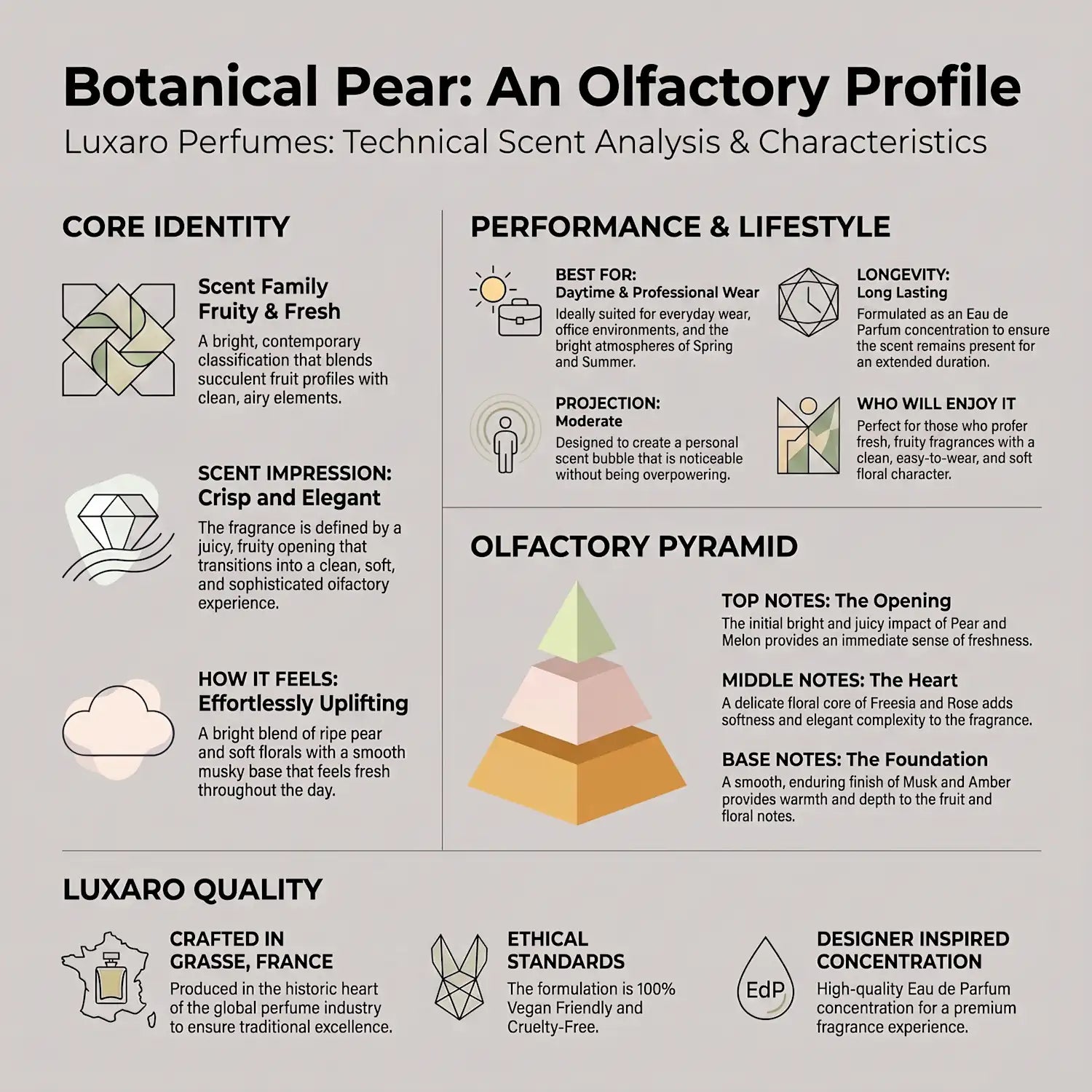 Botanical Pear English Pear & Freesia dupe perfume by Luxaro, made in France fragrance infographic showing scent profile, key notes, performance and fragrance family
