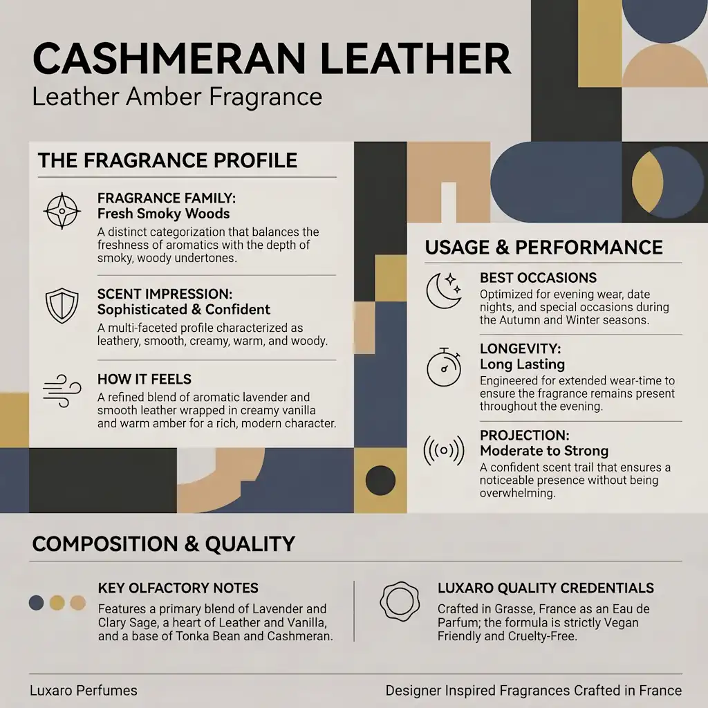 Cashmeran Leather Fucking Fabulous dupe perfume by Luxaro, made in France fragrance infographic showing scent profile, key notes, performance and fragrance family