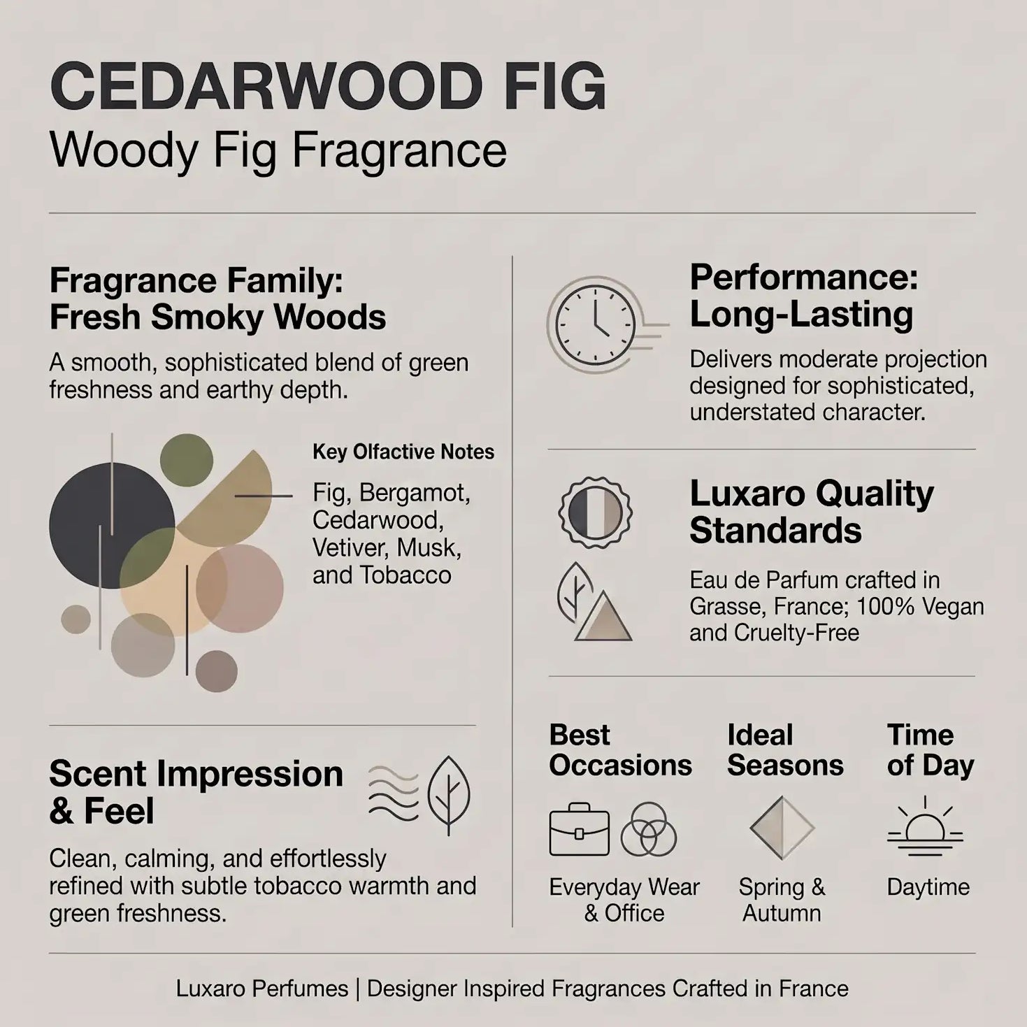 Cedarwood Fig The Noir 29 dupe perfume by Luxaro, made in France fragrance infographic showing scent profile, key notes, performance and fragrance family