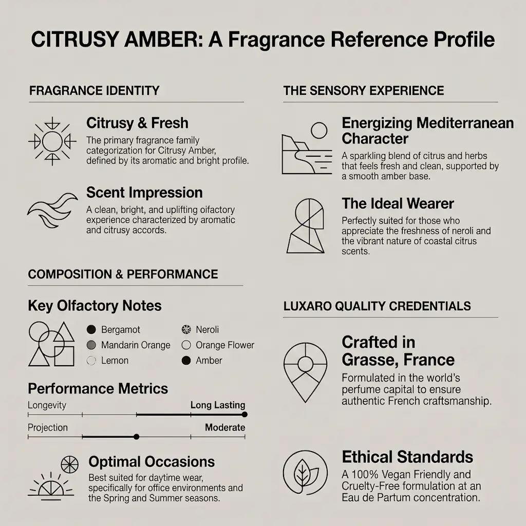 Citrusy Amber Neroli Portofino dupe perfume by Luxaro, made in France fragrance infographic showing scent profile, key notes, performance and fragrance family
