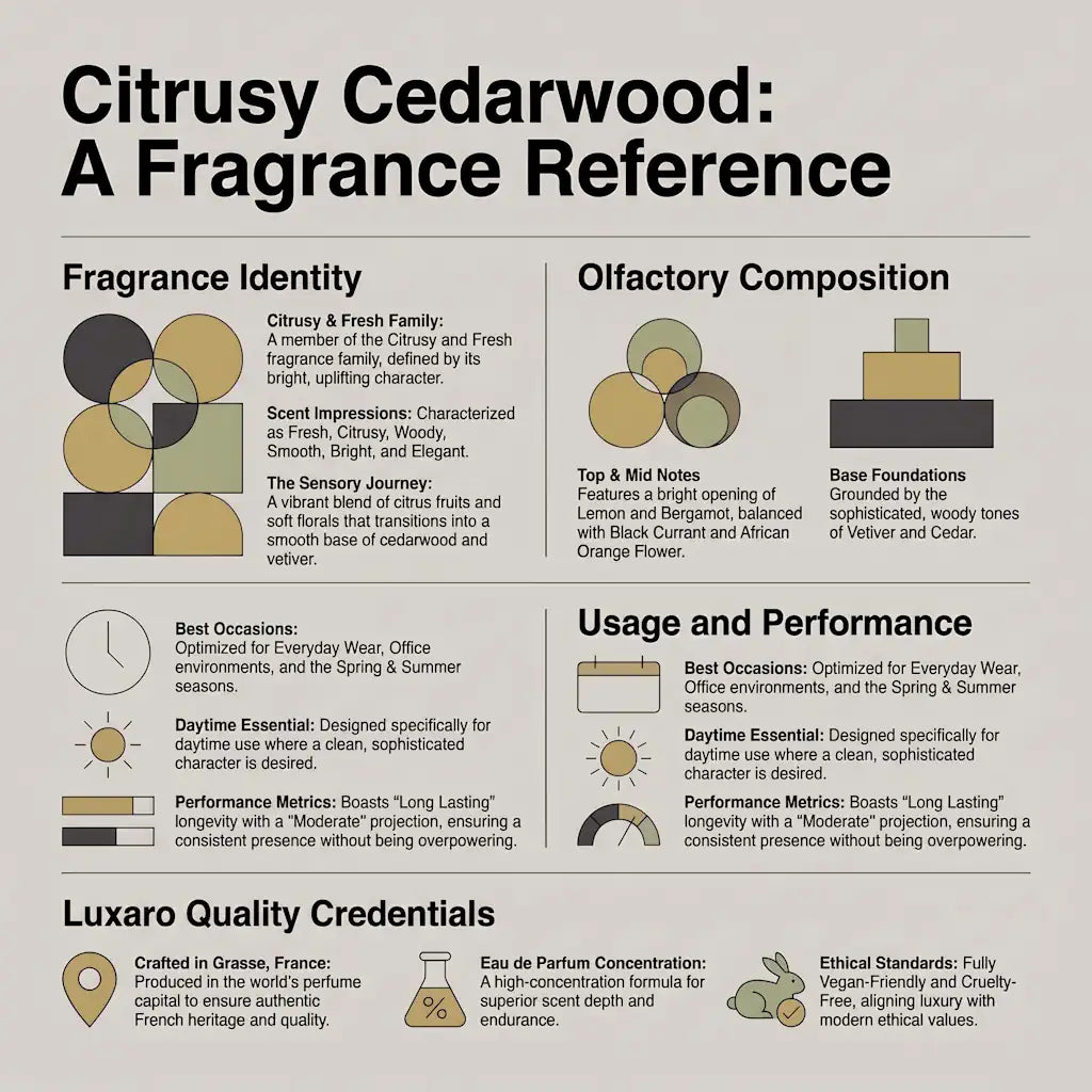 Citrusy Cedarwood Bal d’Afrique dupe perfume by Luxaro, made in France fragrance infographic showing scent profile, key notes, performance and fragrance family