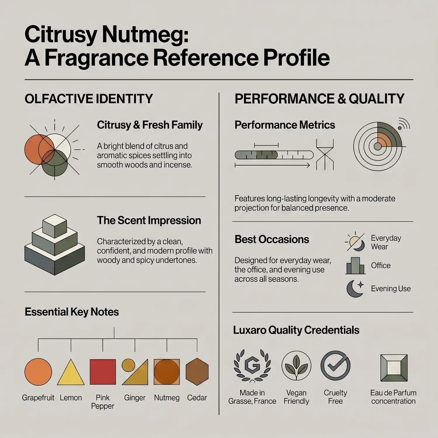 Citrusy Nutmeg Bleu de Chanel dupe perfume by Luxaro, made in France fragrance infographic showing scent profile, key notes, performance and fragrance family