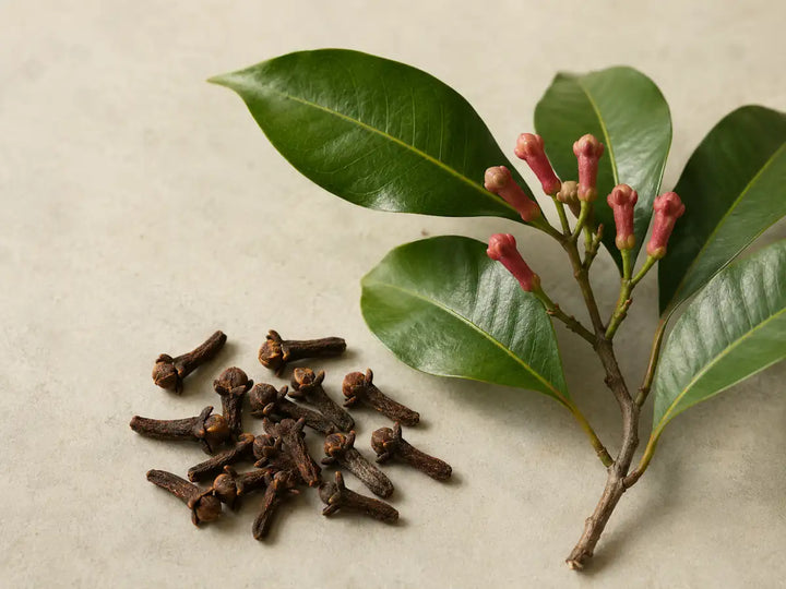 Dried clove buds beside glossy green leaves and unopened clove flower buds on a pale yellow-grey background