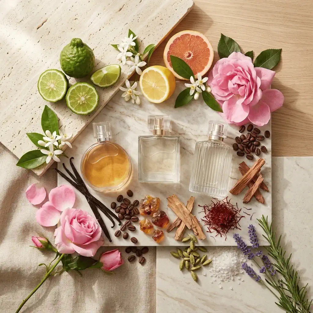 Designer inspired fragrances grouped by scent families including floral, woody, fresh, gourmand, amber and spicy scents.