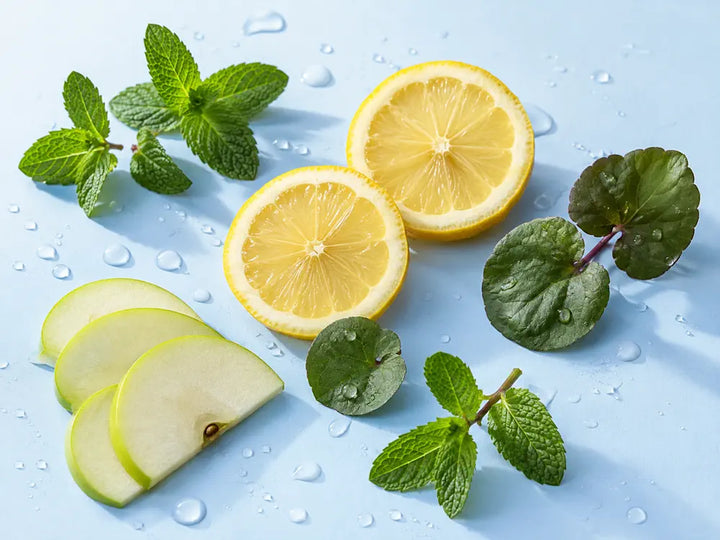 Lemon, mint, violet leaves, green apple and water droplets representing a fresh accord in perfume