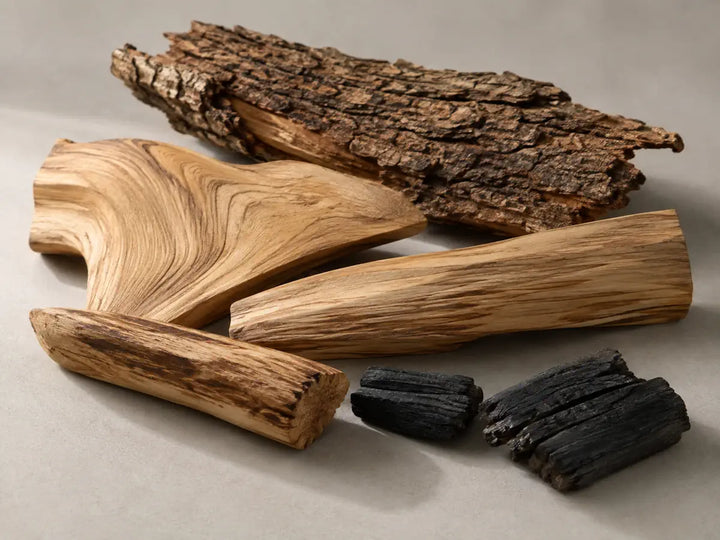 Guaiac wood, bark and lightly charred fragments on a pale warm grey background