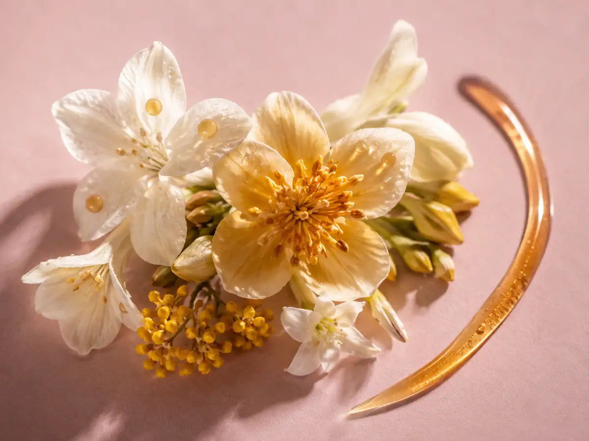 Golden nectar-like droplets and white flowers representing the warm floral character of a honey perfume accord