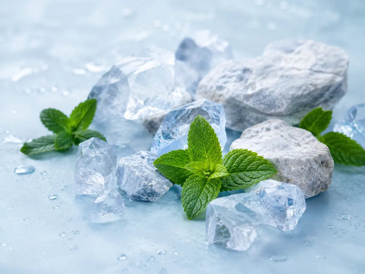 Clear crystals, mineral stones, mint leaves and water droplets representing an icy perfume accord