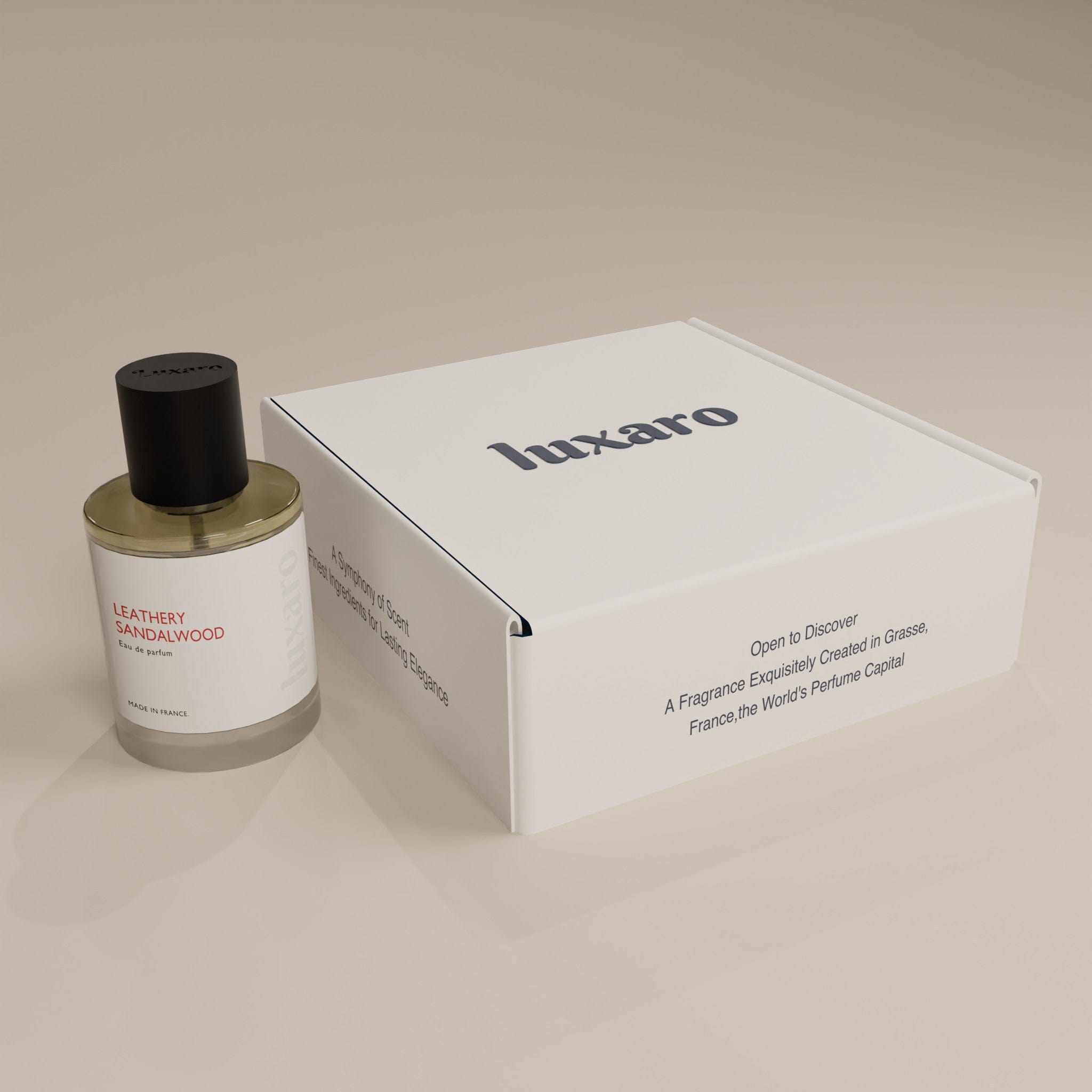 Luxaro Leathery Sandalwood perfume bottle next to its elegant packaging, inspired by the woody, leathery fragrance of Le Labo's Santal 33