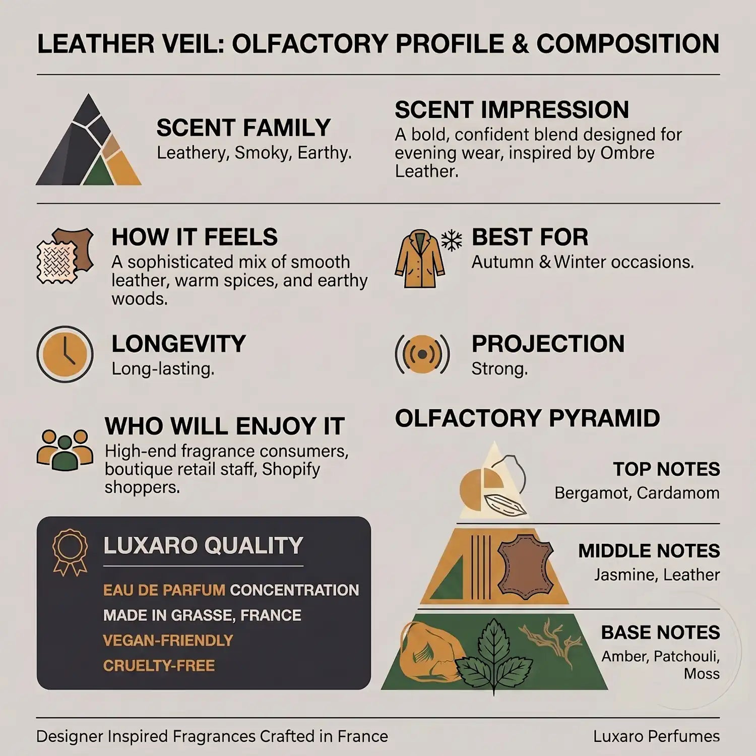 Leather Veil Ombre Leather dupe perfume by Luxaro, made in France fragrance infographic showing scent profile, key notes, performance and fragrance family