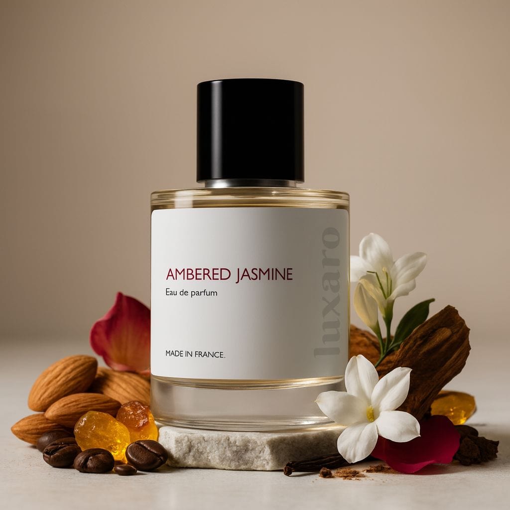 Luxaro Ambered Jasmine perfume featuring jasmine, amber, almonds, inspired by Carolina Herrera Good Girl dupe – affordable alternative made in france