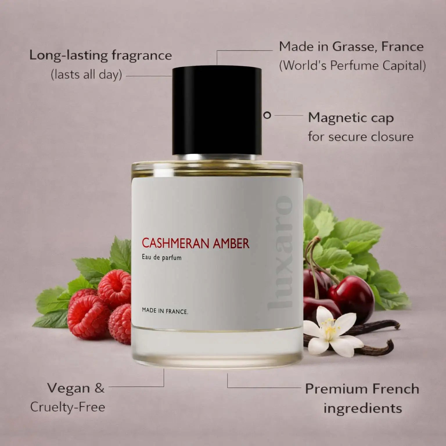 Cashmeran Amber designer inspired perfume by Luxaro, made in France in Grasse, long lasting, vegan and cruelty free