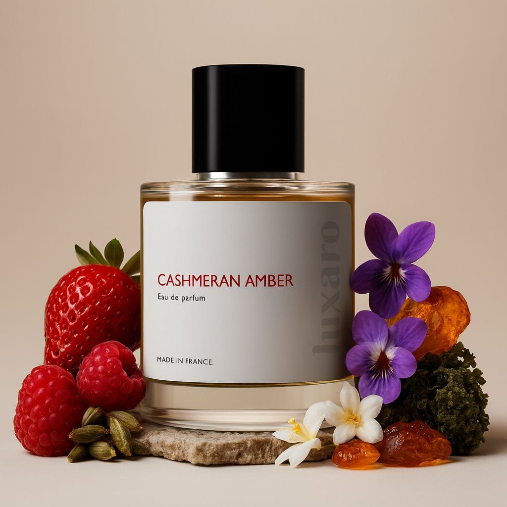 Luxaro Cashmeran Amber featuring Strawberry, Raspberry, Cherry, vanilla, amber, and violet, inspired by Burberry Her dupe - affordable alternative made in france