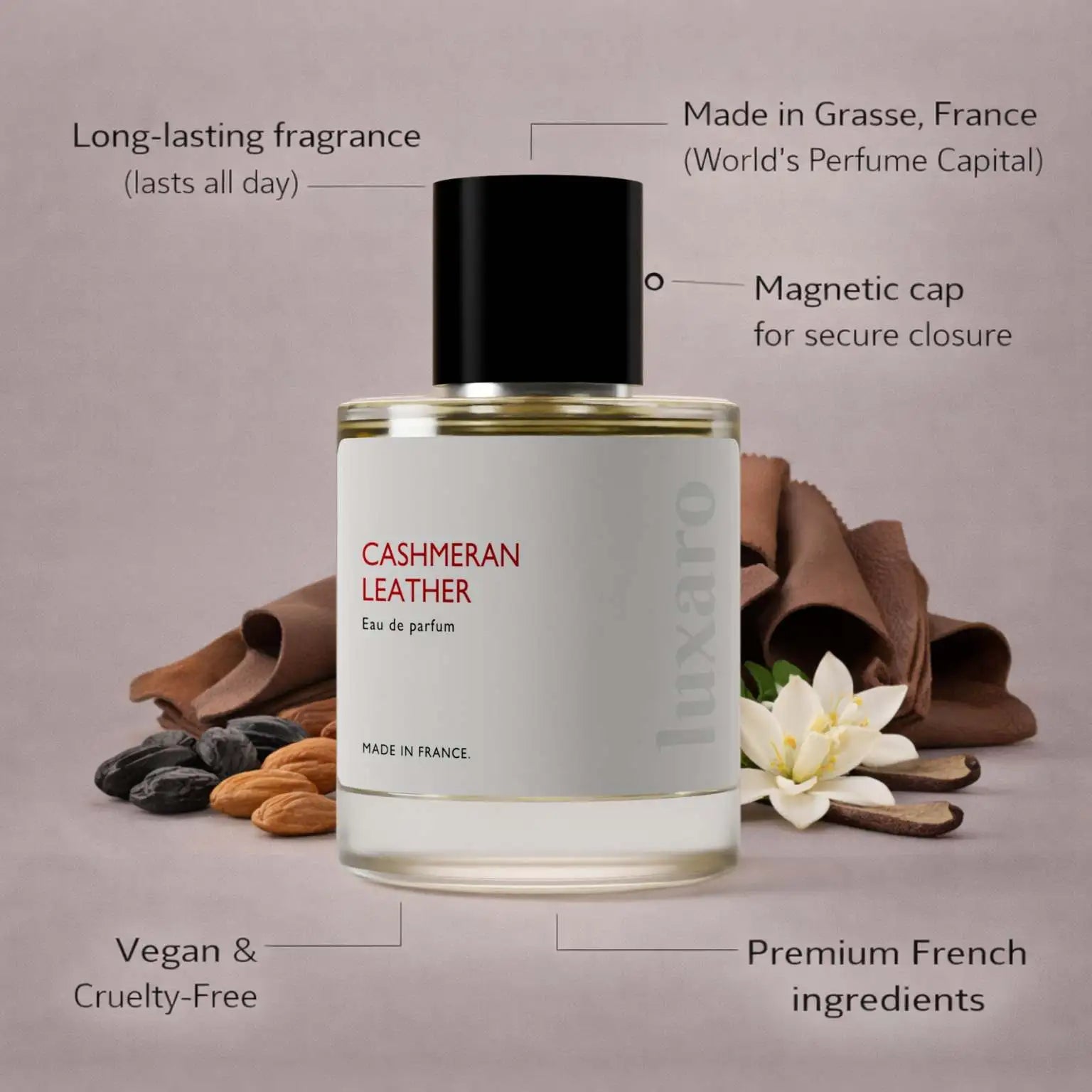 Cashmeran Leather designer inspired perfume by Luxaro, made in France in Grasse, long lasting, vegan and cruelty free