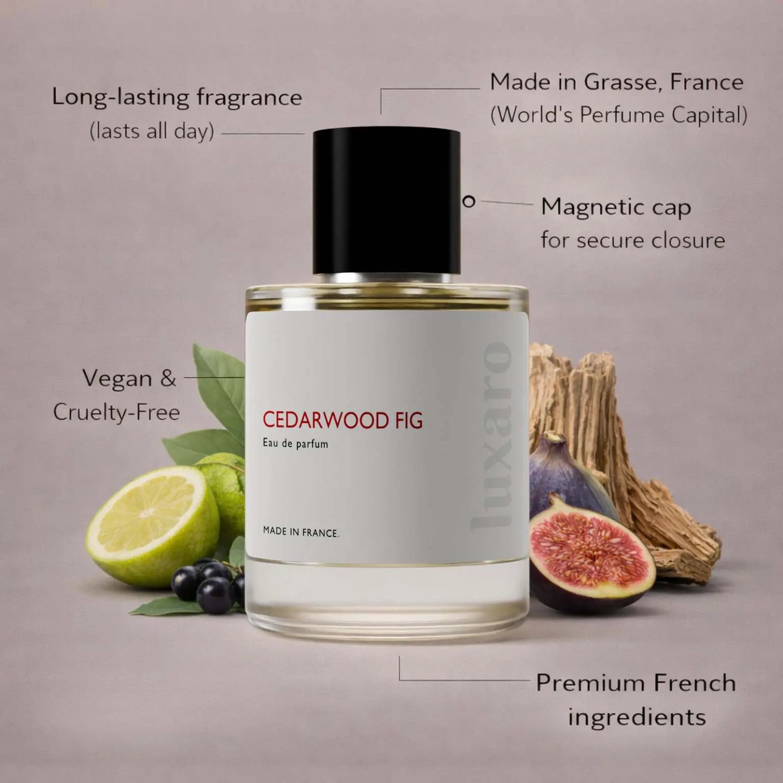 Cedarwood Fig designer inspired perfume by Luxaro, made in France in Grasse, long lasting, vegan and cruelty free