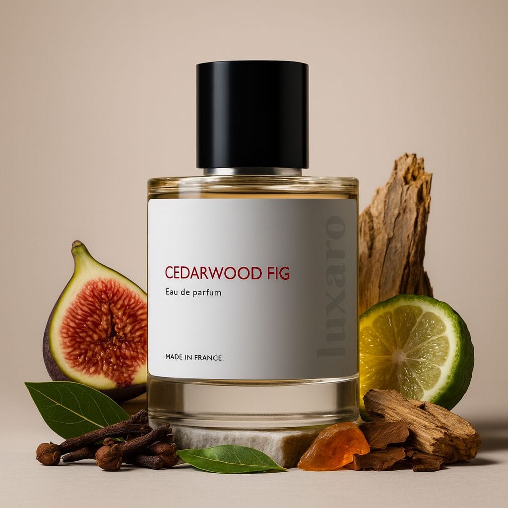 Luxaro Cedarwood Fig perfume featuring cedarwood, fig, and bergamot, inspired by The Noir 29 dupe - made in france