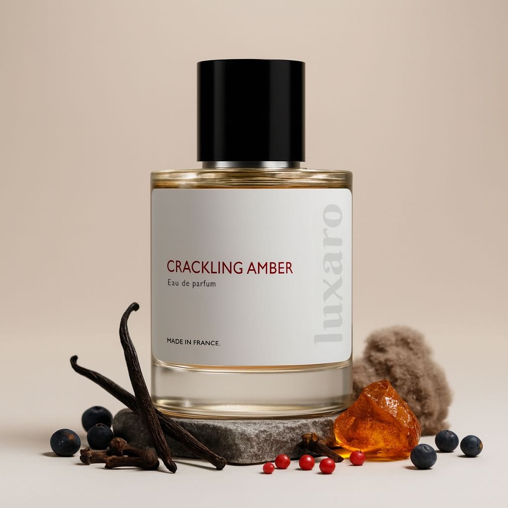 Luxaro Crackling Amber perfume featuring amber, chestnut, and smoky wood, inspired by By The Fireplace dupe - affordable alternative Made in France