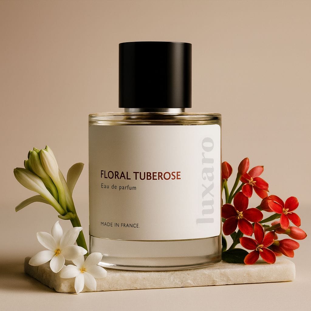 Luxaro Floral Tuberose perfume featuring tuberose, jasmine, and honeysuckle, inspired by Gucci Bloom dupe - affordable alternative Made in France.