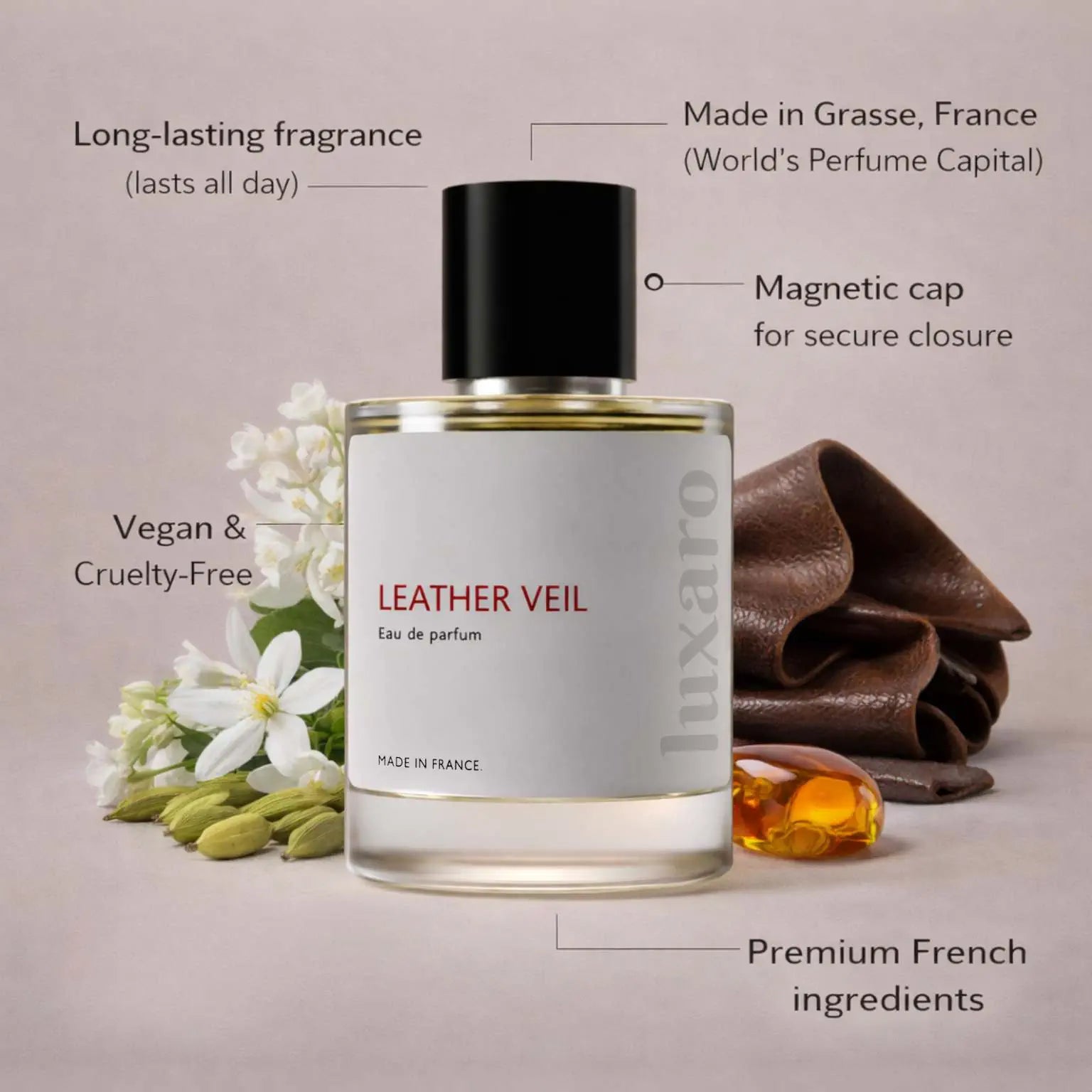 Leather Veil designer inspired perfume by Luxaro, made in France in Grasse, long lasting, vegan and cruelty free