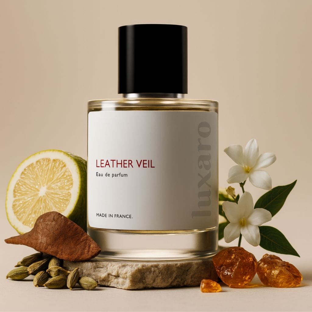 Luxaro Leather Veil perfume featuring leather, amber, and jasmine, inspired by Ombre Leather dupe - affordable alternative made in France