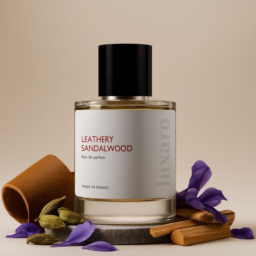 Luxaro Leathery Sandalwood perfume featuring sandalwood, leather, and violet, inspired by Santal 33 dupe - affordable alternative made in france