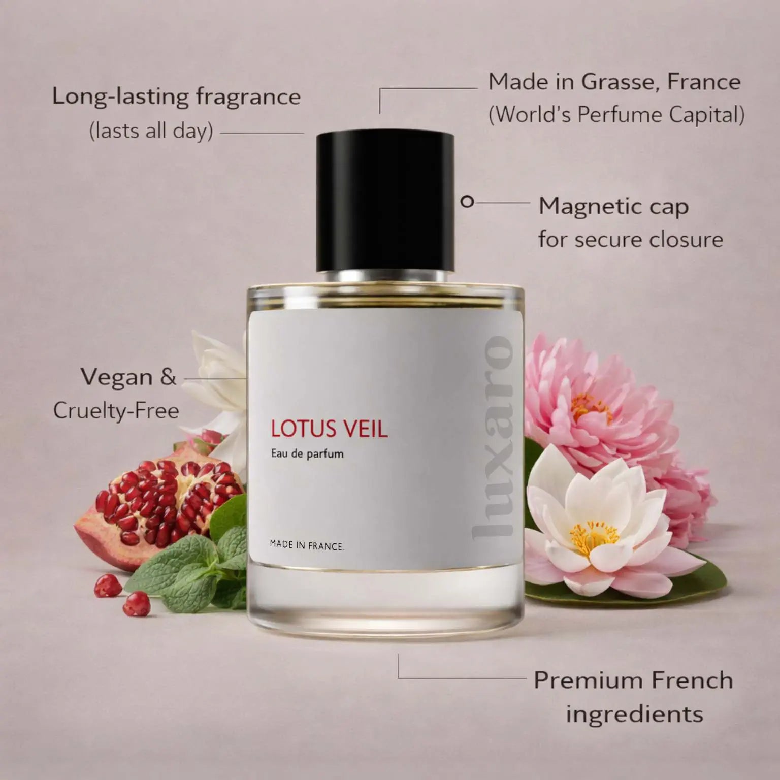 Lotus Veil designer inspired perfume by Luxaro, made in France in Grasse, long lasting, vegan and cruelty free