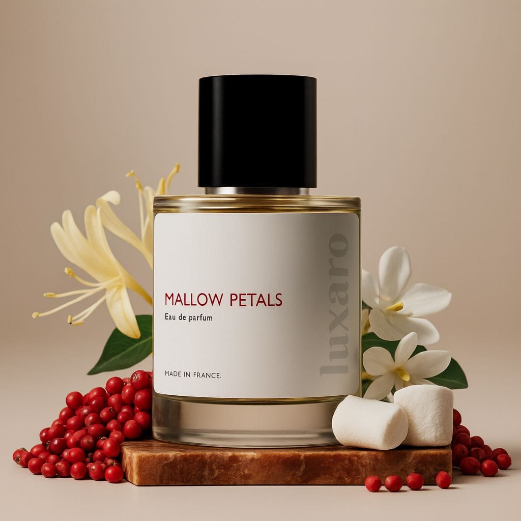 Luxaro Mallow Petals perfume featuring marshmallow, orange blossom, and jasmine, inspired by By Kilian's Love Don't Be Shy dupe - affordable alternative made in france