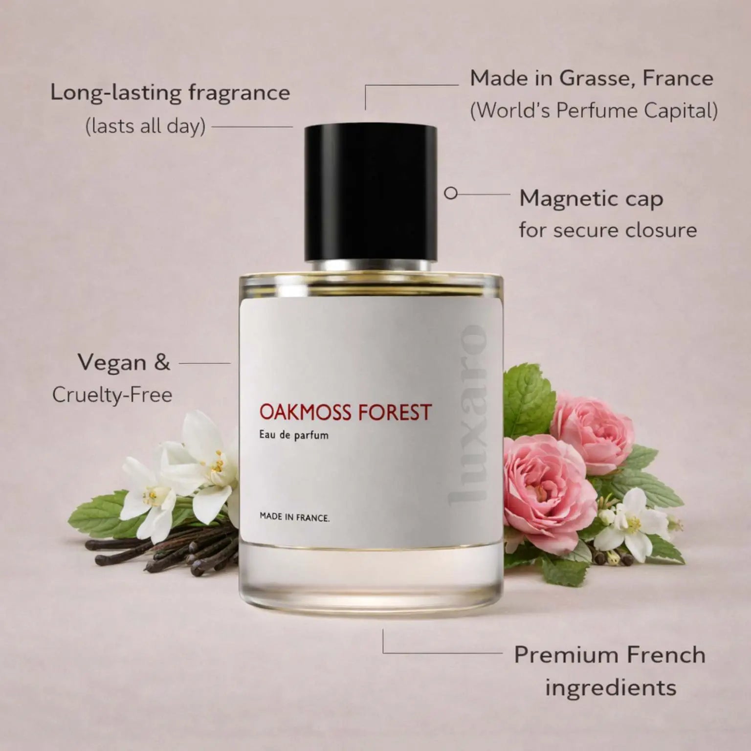 Oakmoss Forest designer inspired perfume by Luxaro, made in France in Grasse, long lasting, vegan and cruelty free