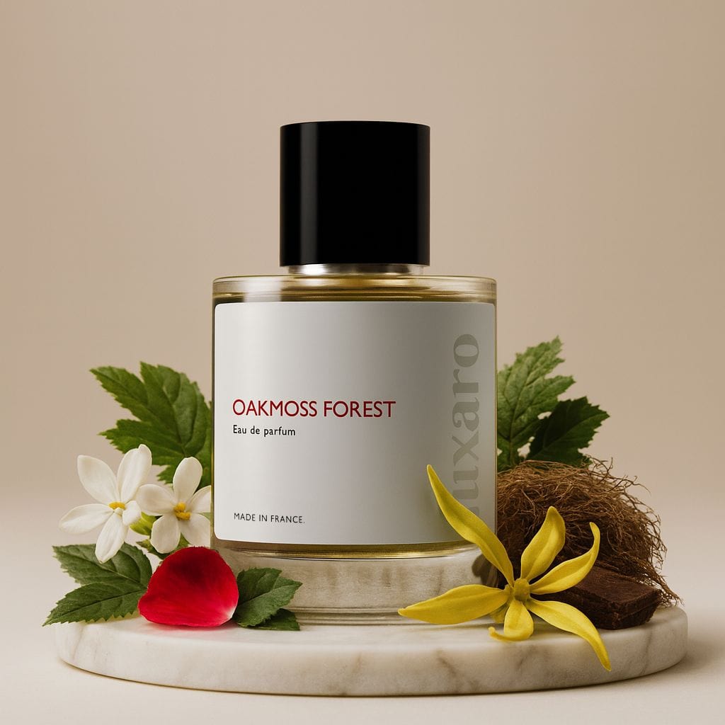 Luxaro Oakmoss Forest perfume featuring oakmoss, rose, and vanilla, inspired by Chanel's Coco Mademoiselle dupe - affordable alternative made in France