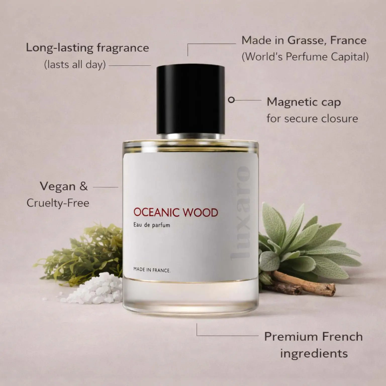 Oceanic Wood designer inspired perfume by Luxaro, made in France in Grasse, long lasting, vegan and cruelty free