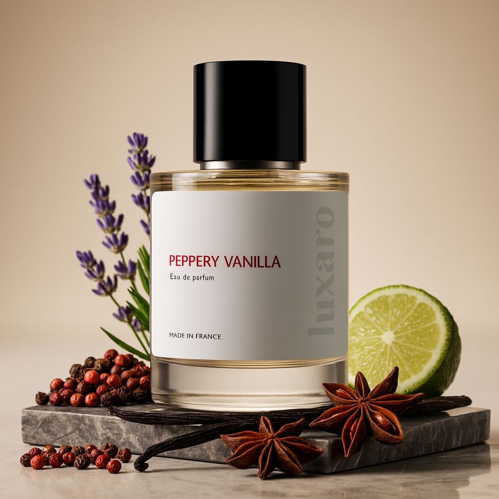 Luxaro Peppery Vanilla perfume featuring pepper, vanilla, and lavender, inspired by Dior's Sauvage dupe - affordable alternative made in France