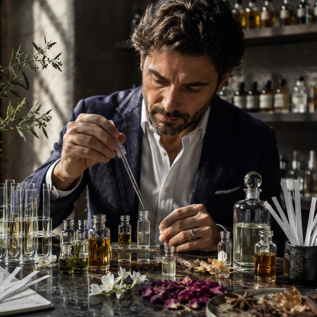 Experienced perfumer creating a designer-inspired fragrance in a perfume laboratory in Grasse, France for Luxaro