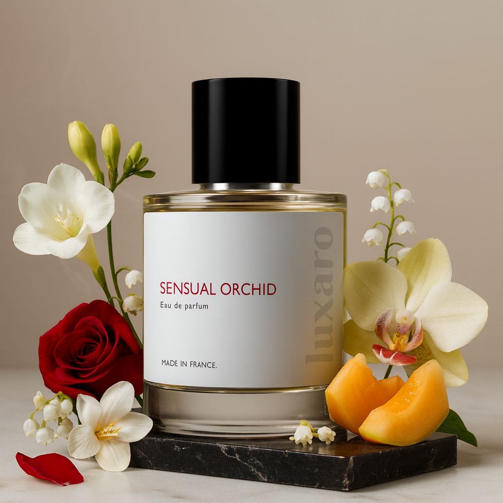 Luxaro Sensual Orchid perfume with ingredients: pear, jasmine, and musk, inspired by Dior's J'Adore dupe - affordable alternative made in France
