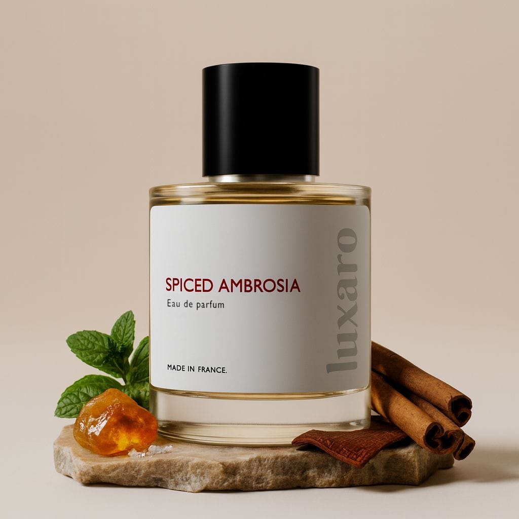 Luxaro Spiced Ambrosia perfume featuring grapefruit, cinnamon, and leather, inspired by Paco Rabanne's One Million dupe - affordable alternative made in France