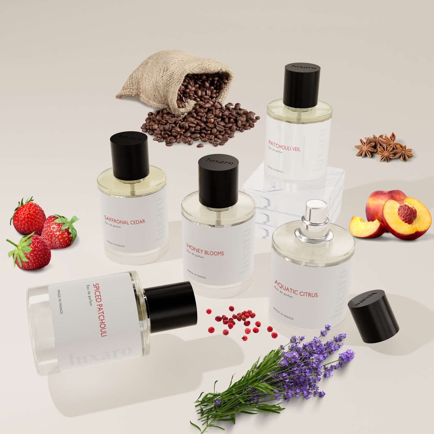 Luxaro perfume collection featuring a variety of luxurious fragrances, inspired by designer perfume brands