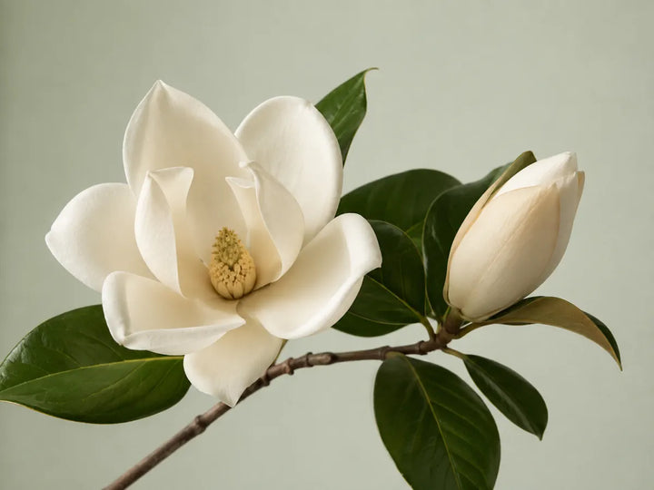 Ivory magnolia flower and bud with deep green leaves on a pale pistachio-grey background