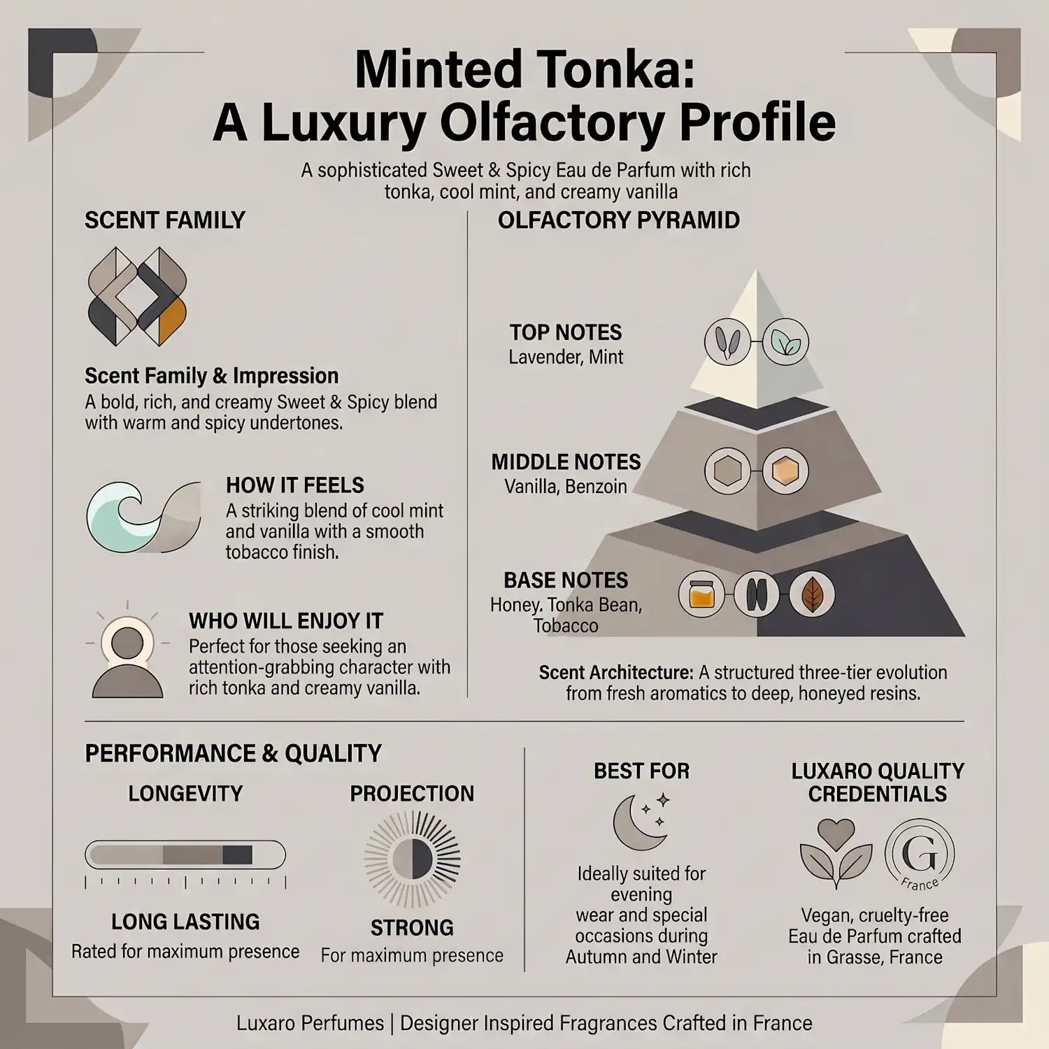 Minted Tonka is a Le Male Elixir dupe perfume by Luxaro, made in France fragrance infographic showing scent profile, key notes, performance and fragrance family