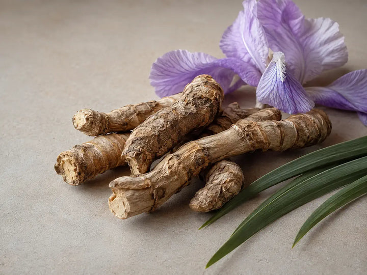 Dried iris rhizomes with pale purple petals and green leaves on a peach-grey background
